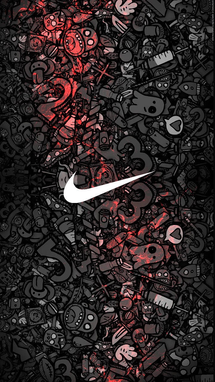 Nike iPhone 桌布 壁紙 — 一個混亂的黑紅塗鴉拼貼畫，充滿卡通風格的面孔和物體，中央有一個白色的Nike勾號。
