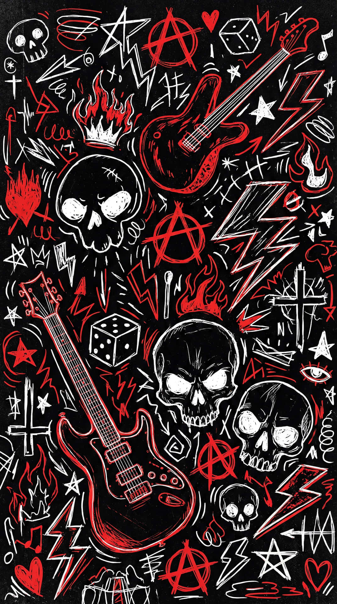 Punk Rock Chaos 壁紙 — 一個混亂的黑紅龐克搖滾壁紙，充滿了骷髏、吉他、閃電和無政府主義符號。