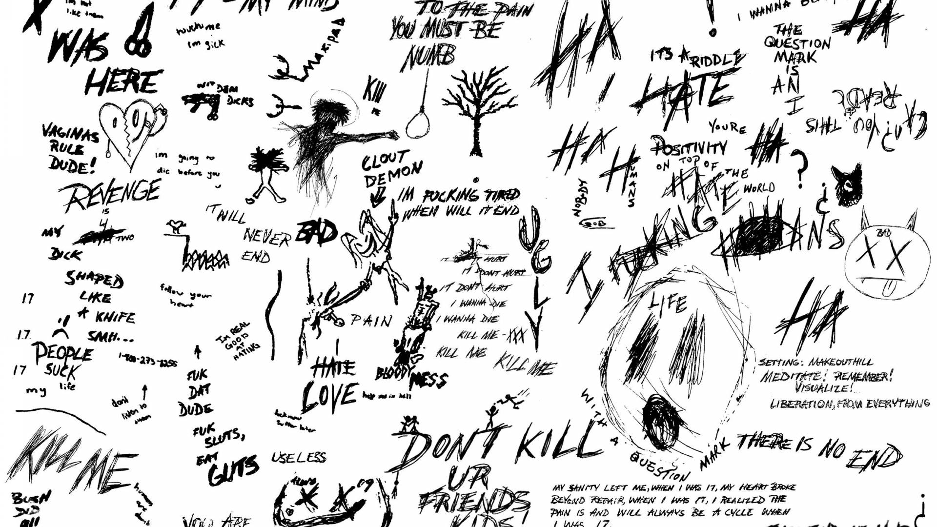 xxxtentacion 美學 桌布 壁紙 — 一個混亂的黑色墨水草圖，充滿了瘋狂的手寫短語和粗俗的繪畫，表達憤怒和絕望。