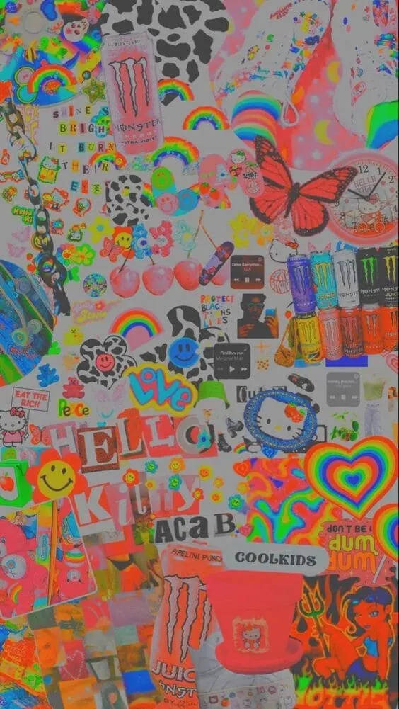Collage 桌布 壁紙 — 一個混亂而充滿活力的拼貼畫，包含霓虹色調的貼紙、標誌和流行文化圖標。