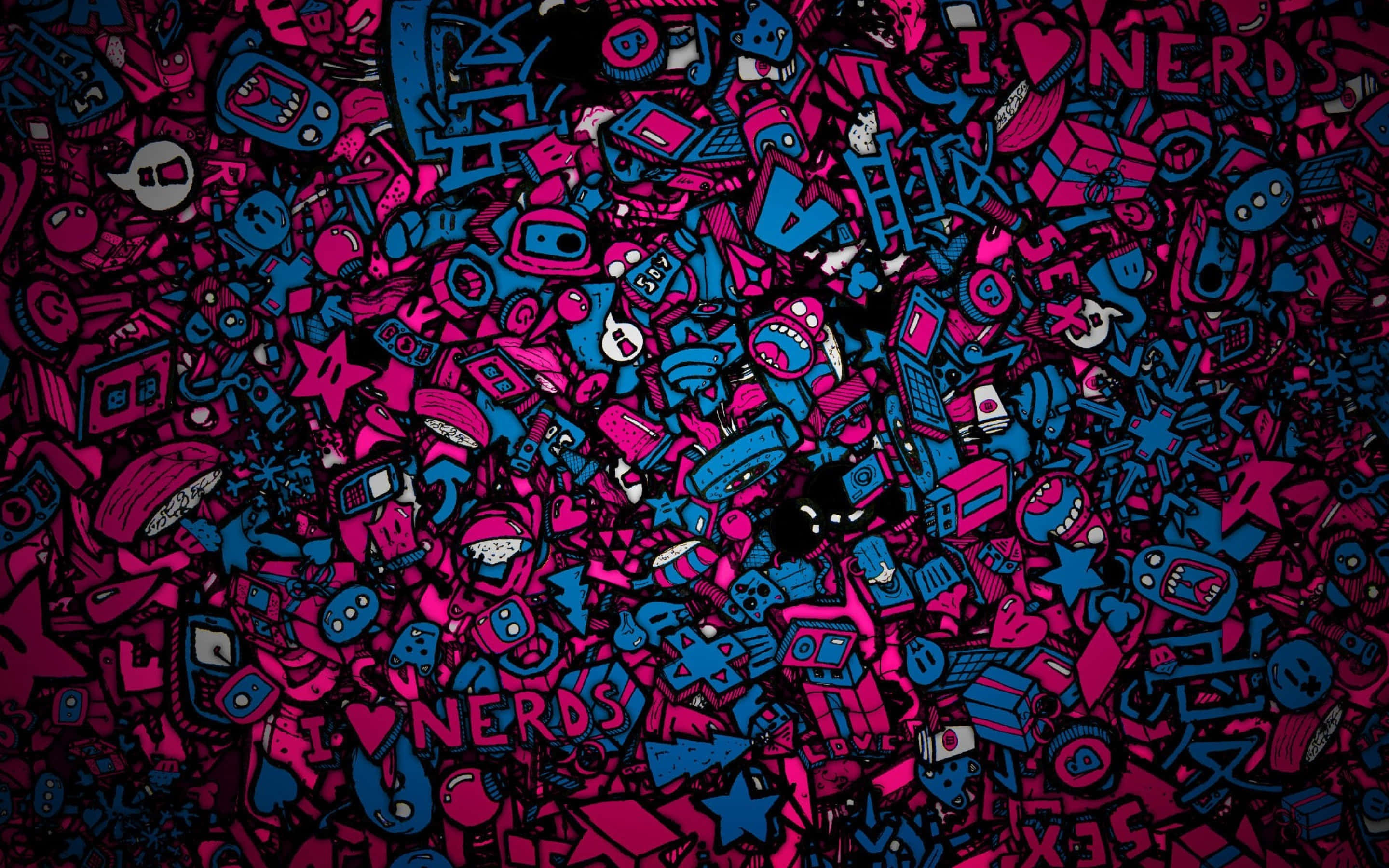 Cool Abstract 桌布 壁紙 — 一個混亂而充滿活力的拼貼畫，由粉紅色和藍色的復古遊戲圖標和書呆子符號密集地組合在一起。