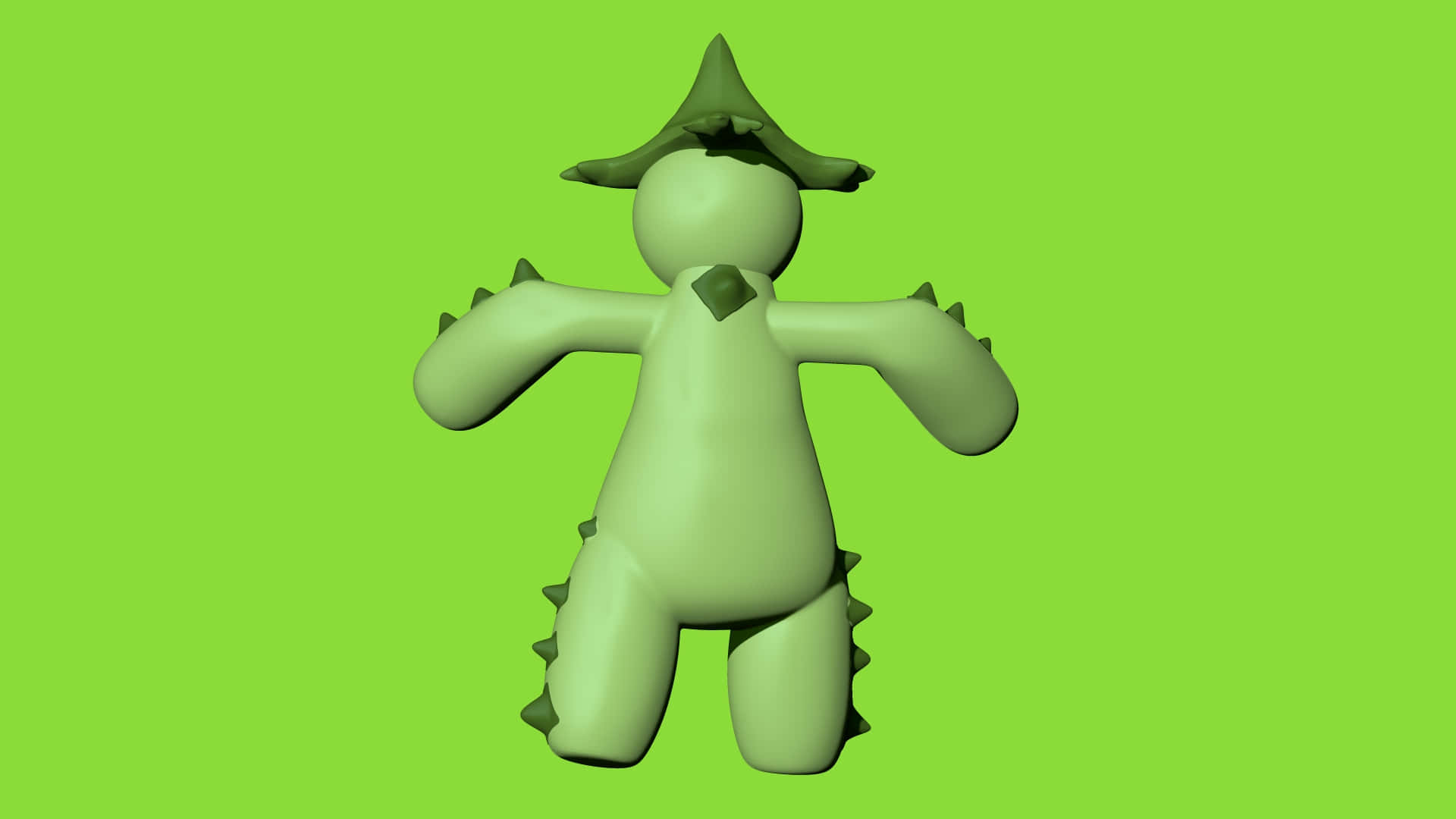 3D 桌布 壁紙 — 一個淺綠色3D渲染的卡通恐龍角色，帶有尖刺和帽子，站在純綠色背景前。