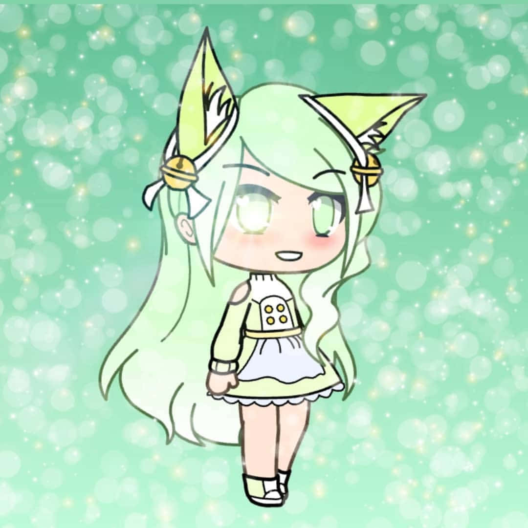 Gacha 桌布 壁紙 — 一個淺綠色頭髮、狐狸耳朵的Q版動漫女孩，站在閃閃發光的薄荷綠散景背景前。