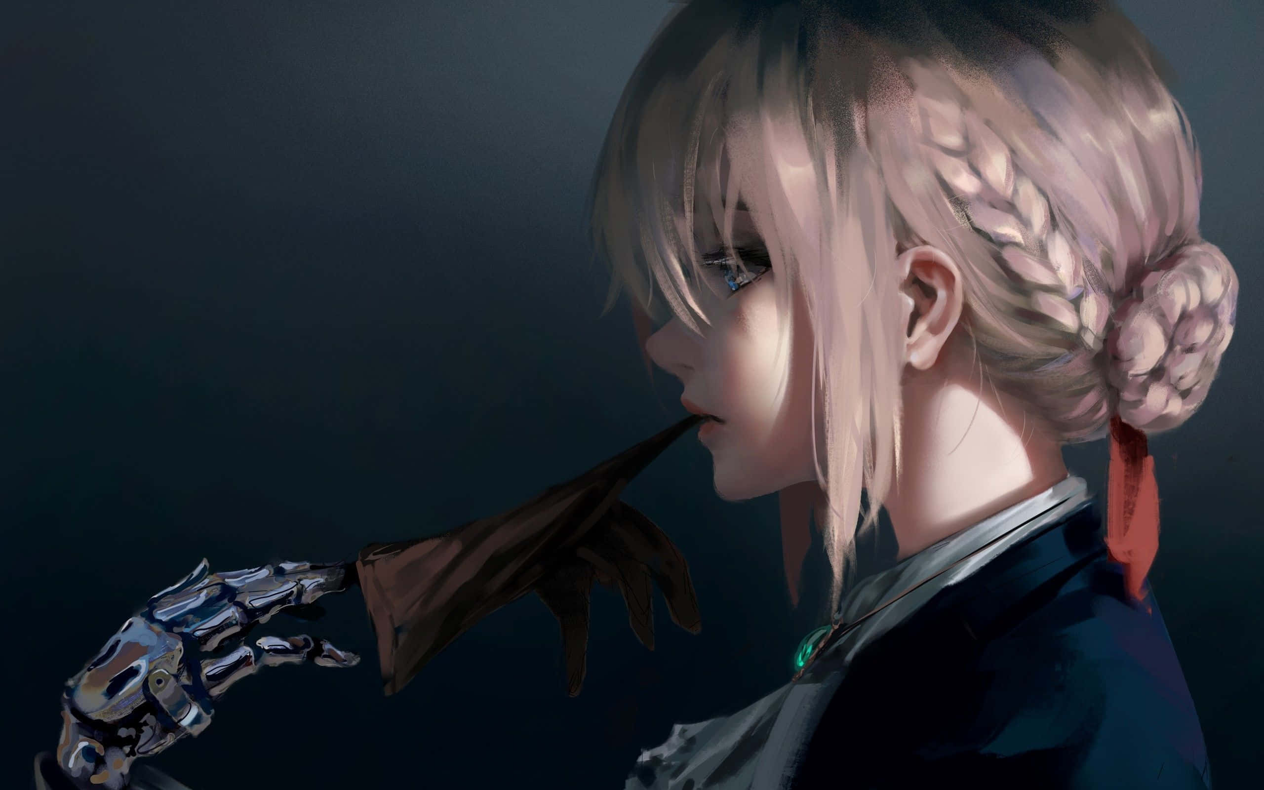 Sad Aesthetic Anime 桌布 壁紙 — 一個淺色頭髮、辮子編織的動漫女孩在昏暗的場景中將機械手貼在嘴唇上。