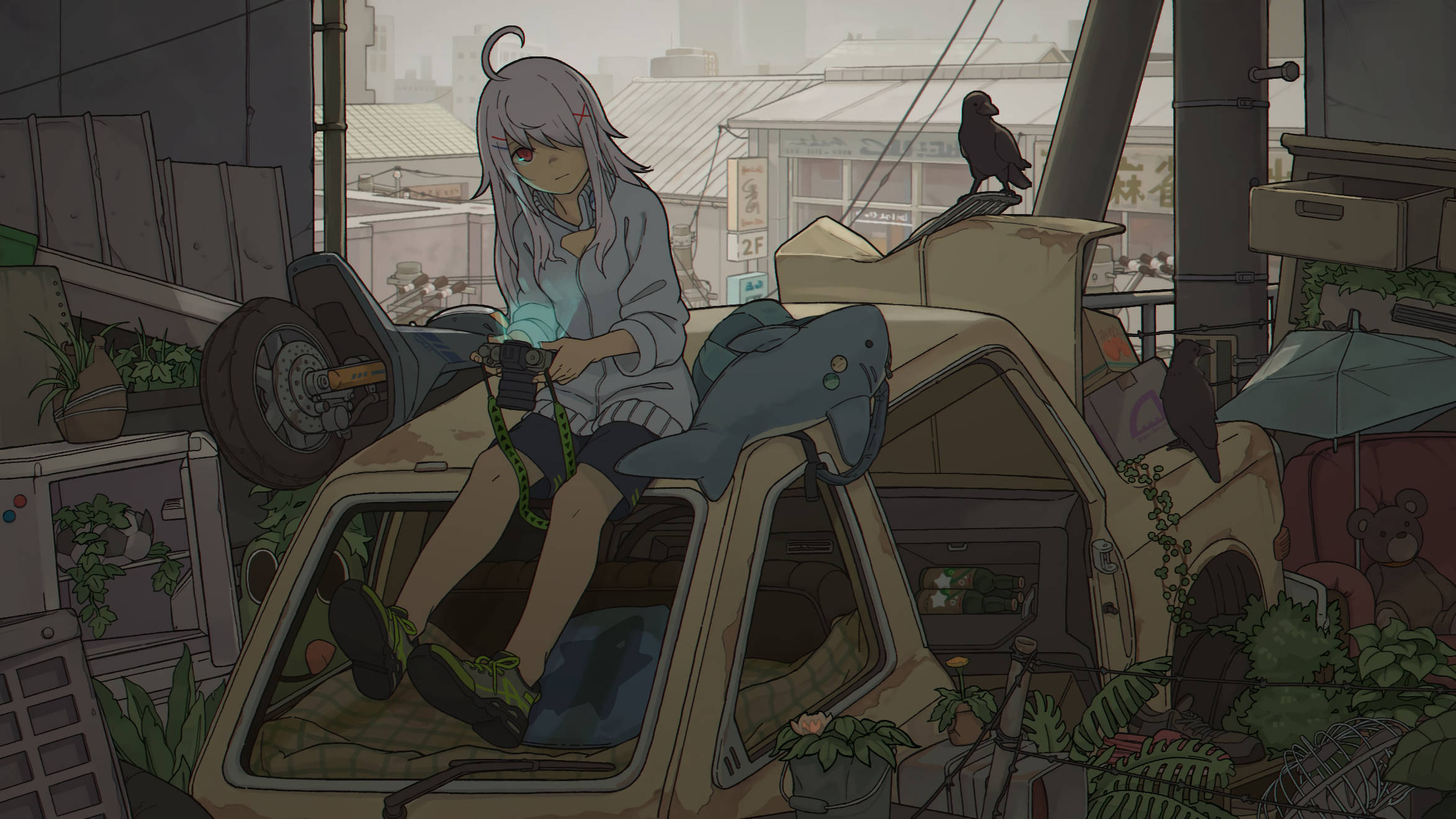 Tomboy Anime Girl 桌布 壁紙 — 一個淺色頭髮的動漫女孩坐在雜亂的城市廢墟中一輛生鏽的汽車上，拿著發光的相機，附近有烏鴉棲息。