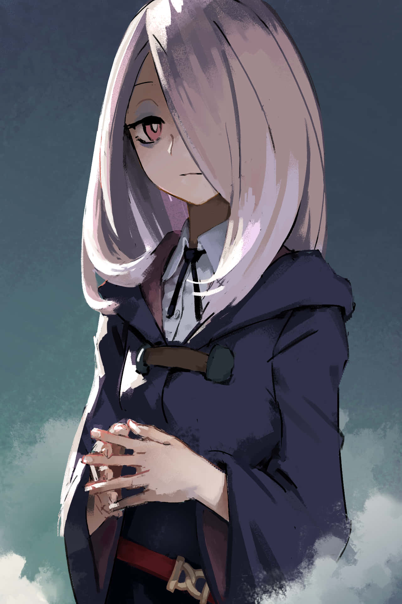 動漫女孩 桌布 壁紙 — 一個淺色頭髮的動漫女孩穿著深色外套，站在多雲的天空下，表情陰沉。