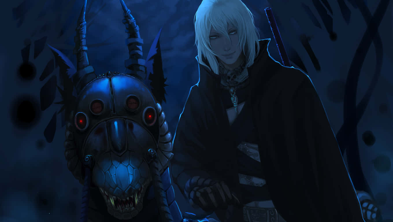 Horror Anime Boy 桌布 壁紙 — 一個淺色頭髮的動漫戰士穿著黑色斗篷，站在一個月光下的天空下，旁邊有一個帶有發光紅眼的威脅性機械野獸。