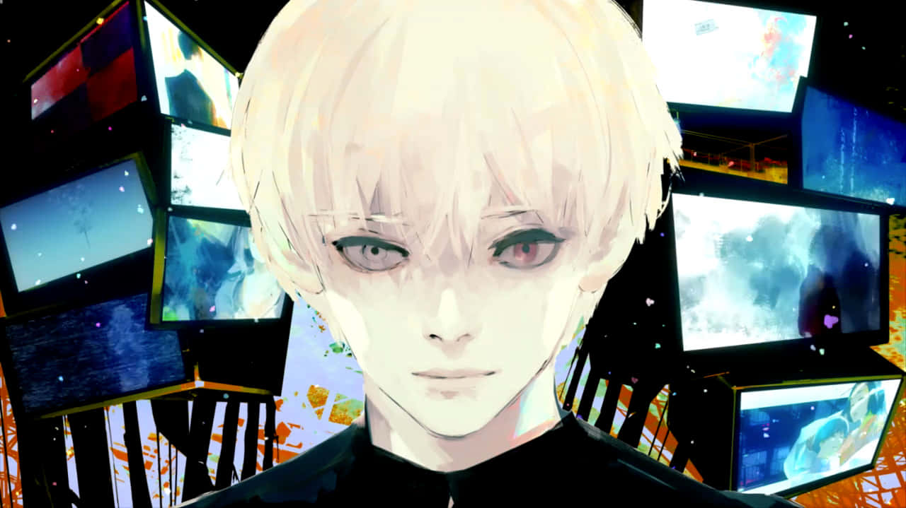 Sui Ishida 桌布 壁紙 — 一個淺色頭髮的動漫角色，紅色眼睛直視前方，被顯示抽象視覺的發光螢幕包圍。