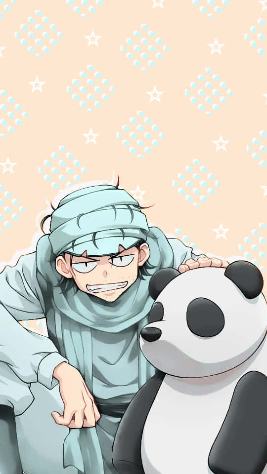 Ging Freecss 桌布 壁紙 — 一個淺藍色動漫角色在頭部纏繞圍巾，靠在一隻巨型熊貓絨毛玩具旁邊，背景是帶有星星和圓點圖案的粉彩蜜桃色。