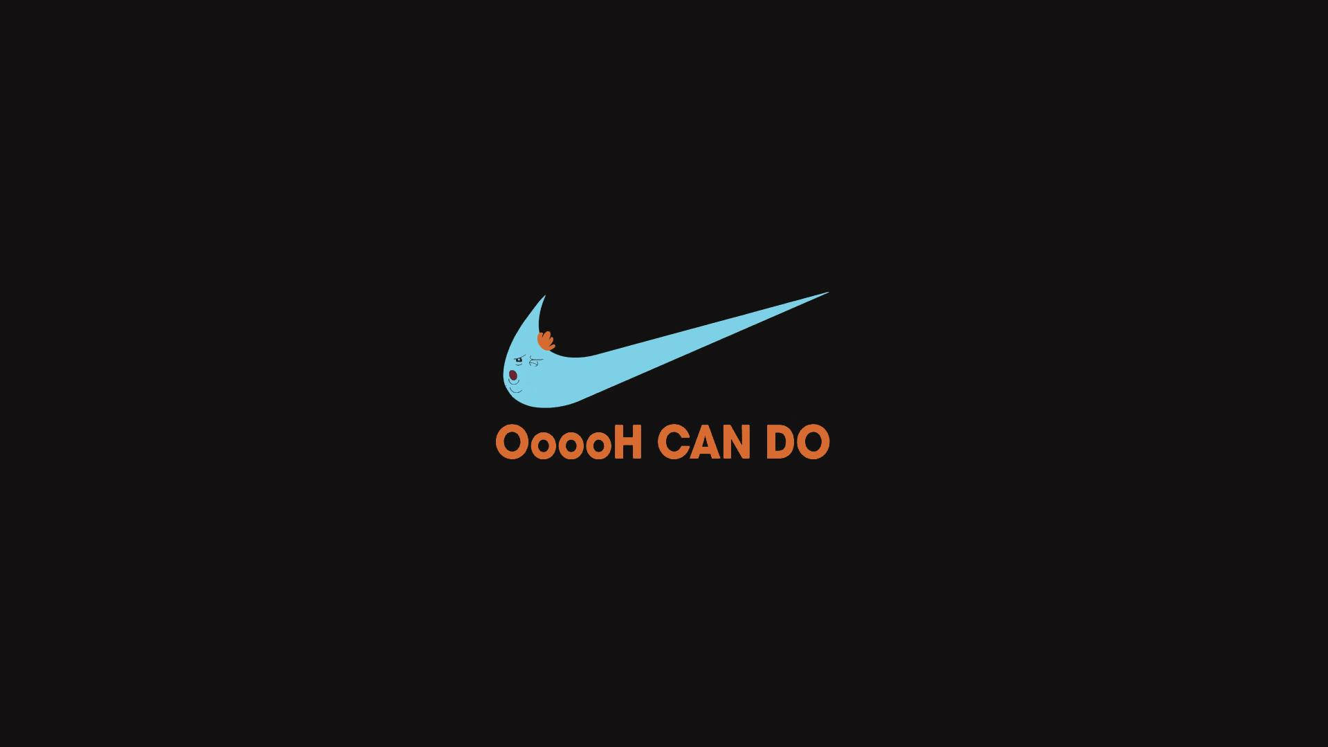 Meeseeks 桌布 壁紙 — 一個淺藍色卡通Nike勾勾，帶有面孔和橙色文字寫著OoooH CAN DO，背景為黑色。