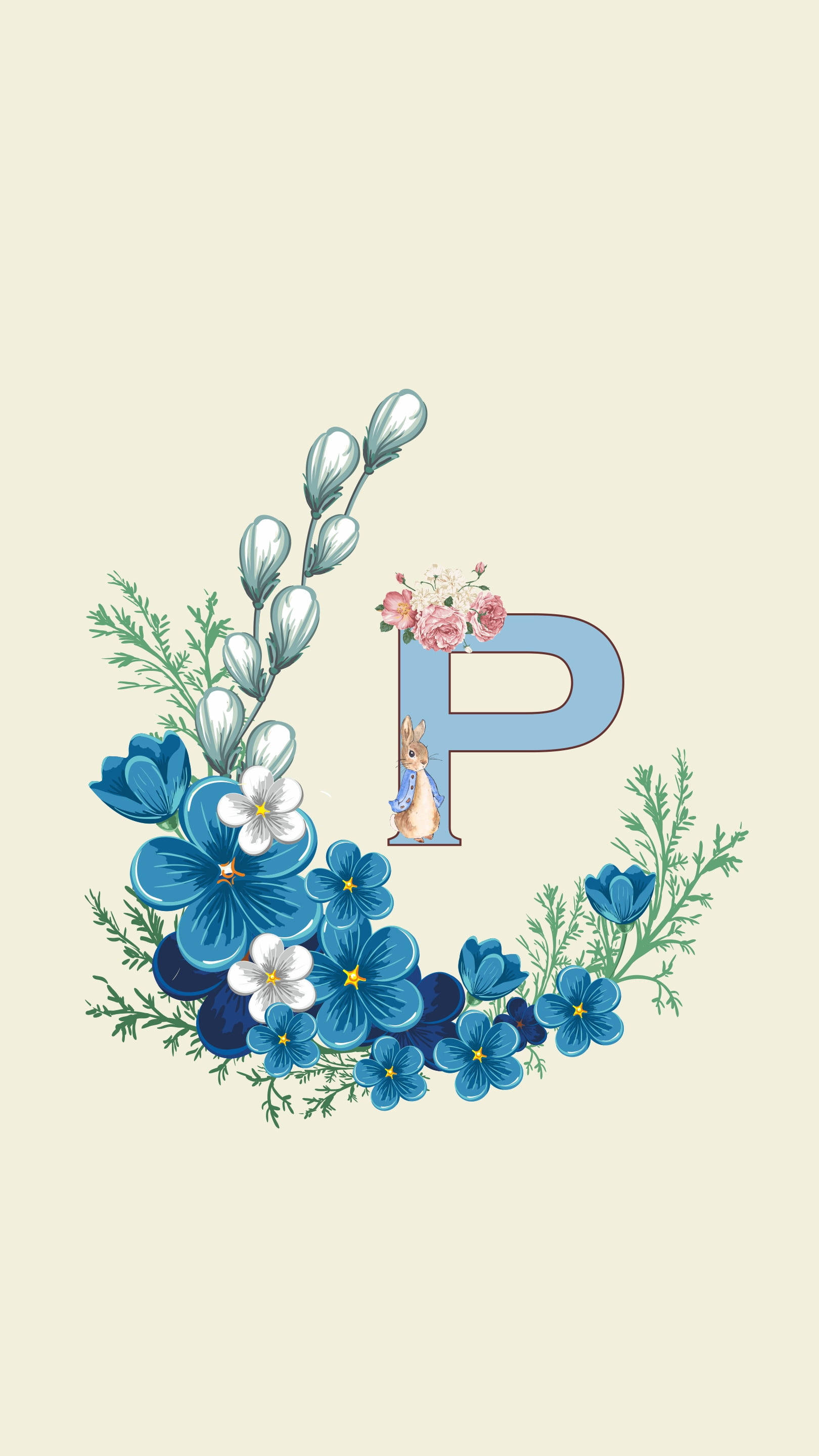 字母P 桌布 壁紙 — 一個淺藍色字母P，裝飾有藍色花朵、白色花朵、綠色植物和一隻從後面探出頭來的小兔子。