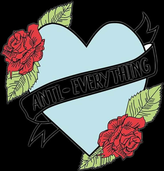 Heart Tattoo 桌布 壁紙 — 一個淺藍色心形，配上紅玫瑰和寫有 anti everything 的黑色橫幅，背景為純黑色。