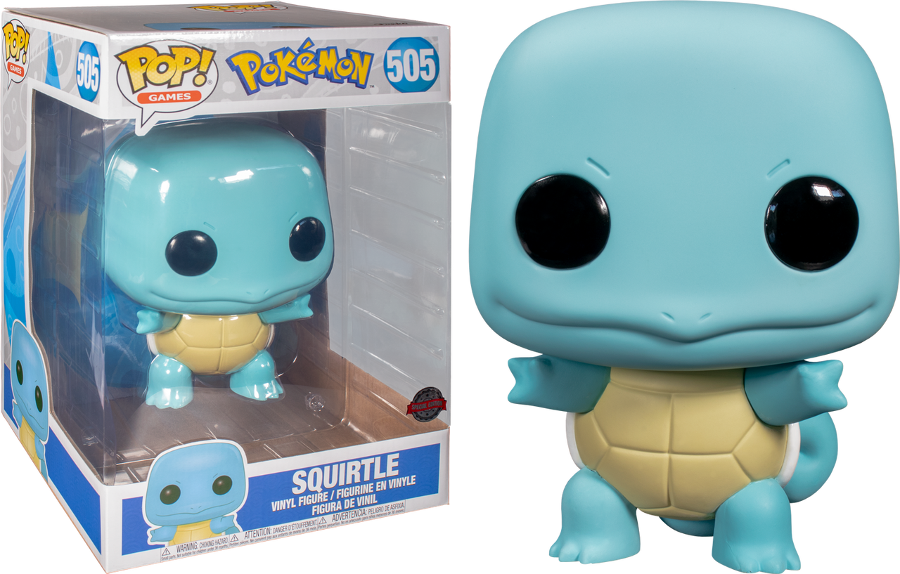 傑尼龜 桌布 壁紙 — 一個淺藍色的 Funko Pop! 傑尼龜的乙烯基公仔站在它的原裝包裝旁邊，背景是黑色。