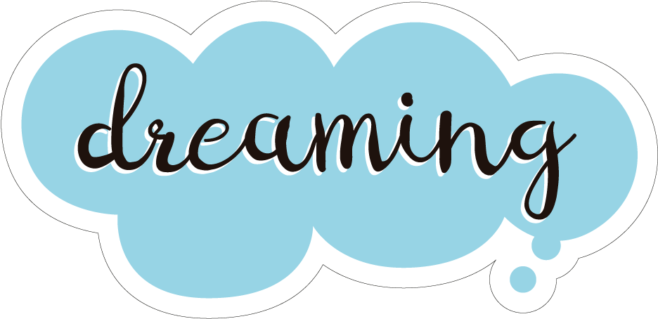 雲朵 桌布 壁紙 — 一個淺藍色的想法泡泡，上面有黑色草書字體的「dreaming」字樣，背景是黑色。