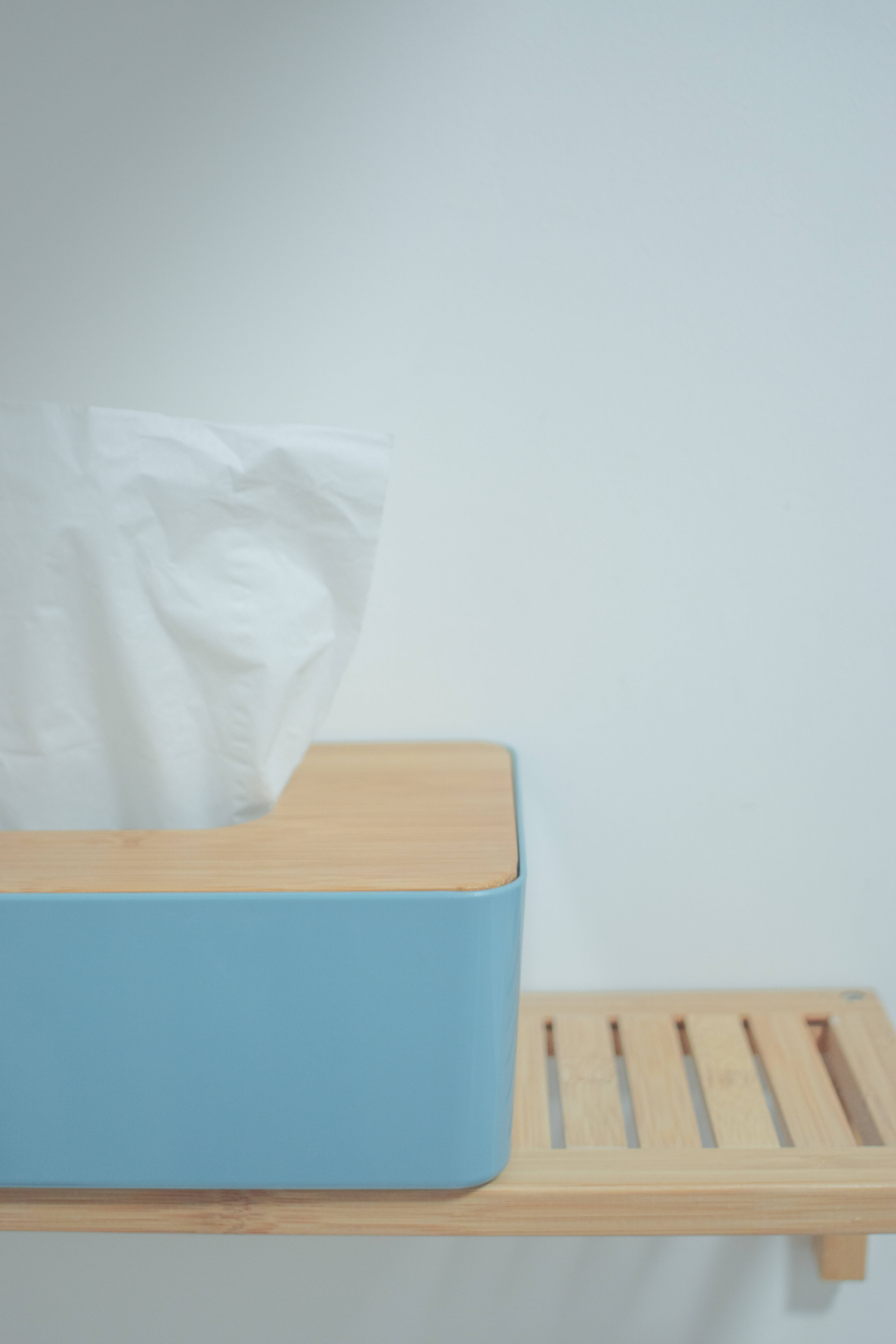 Sneeze 桌布 壁紙 — 一個淺藍色紙巾盒搭配木蓋，整齊地擺放在竹架上，背景是純白牆壁。