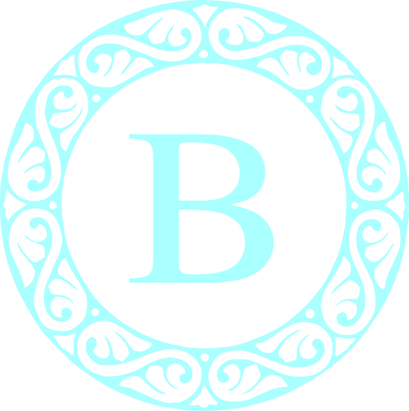 字母B 桌布 壁紙 — 一個淺藍色華麗圓形字母組合，中心有一個風格化的字母B，周圍環繞著漩渦花卉圖案。