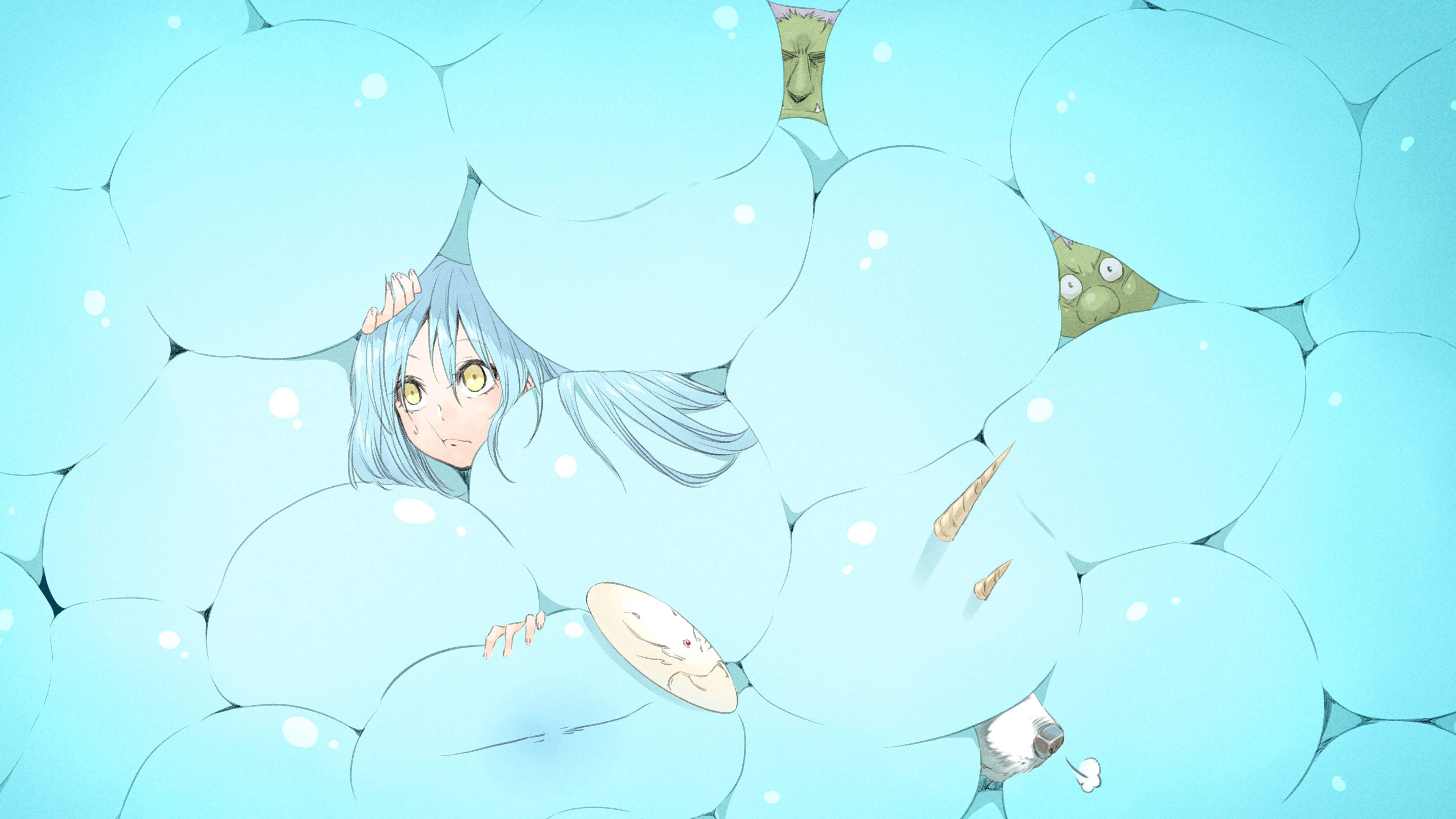 slime 桌布 壁紙 — 一個淺藍色頭髮的動漫女孩從巨大的半透明泡泡後面窺視，小生物也探出頭來。