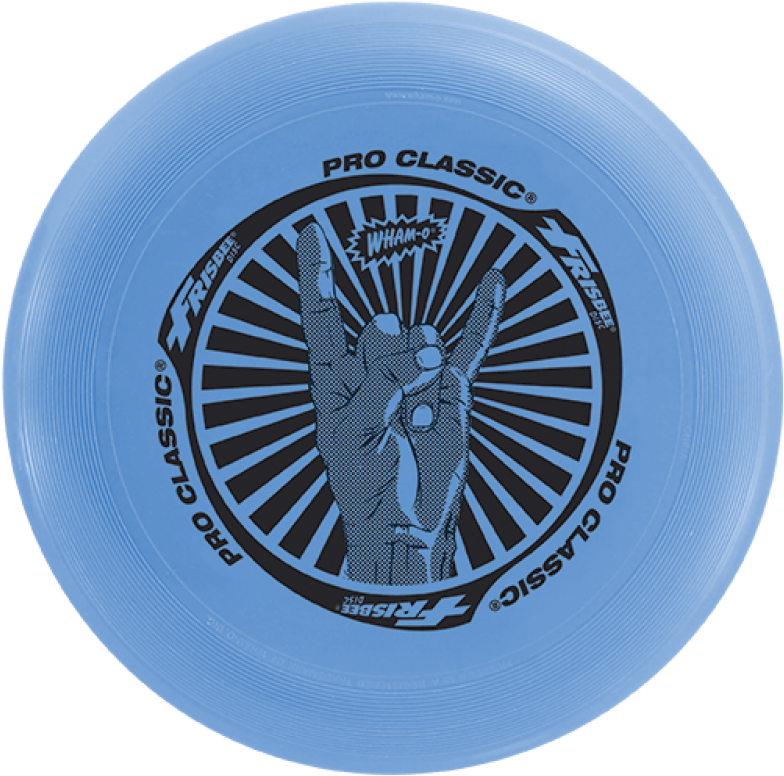 Frisbee 桌布 壁紙 — 一個淺藍色飛盤，上面有黑色圖案，是一隻手在太陽爆發背景下做出搖滾手勢。