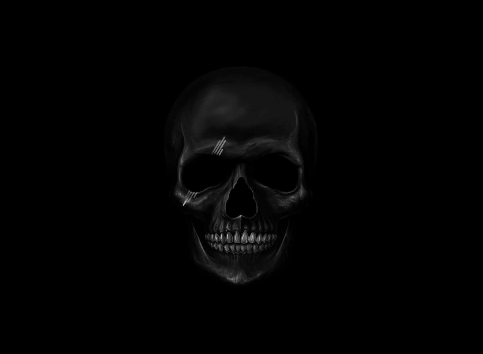 Galaxy Skull 桌布 壁紙 — 一個清晰照明的人類頭骨，置於純黑色背景中央，其骨骼結構上有微妙的亮點。