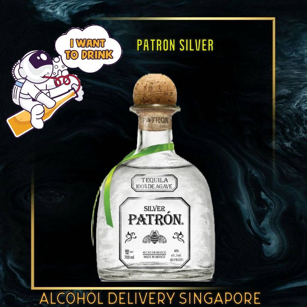 bottle 桌布 壁紙 — 一個清晰的Patron Silver龍舌蘭酒瓶，帶有綠色絲帶和軟木塞，放置在黑暗旋轉的背景前，伴隨著一個卡通太空人拿著一個瓶子，對話框說「我想喝」。