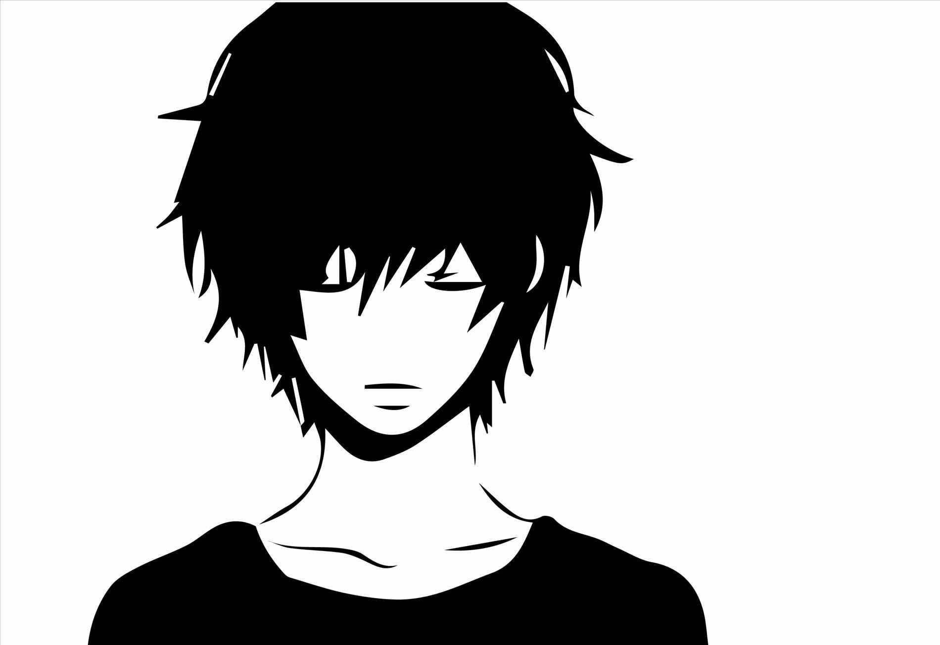 Cartoon Boy 桌布 壁紙 — 一個清晰的動漫風格黑白剪影，描繪一個頭髮尖刺、露出一隻眼睛的年輕男子，背景為純白色。