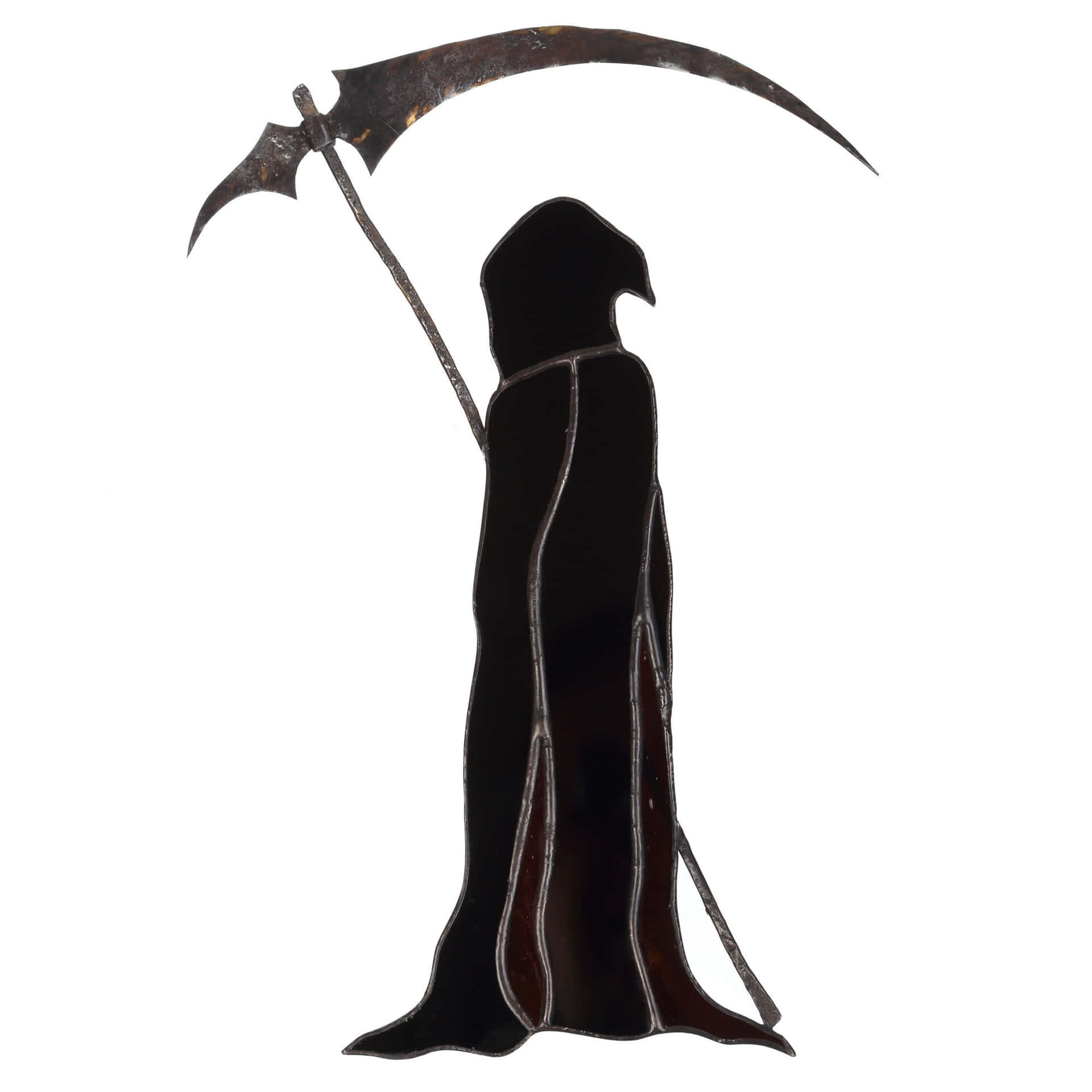 死神動圖 桌布 壁紙 — 一個清晰的死神剪影，手持生鏽的鐮刀，背景為純白色。