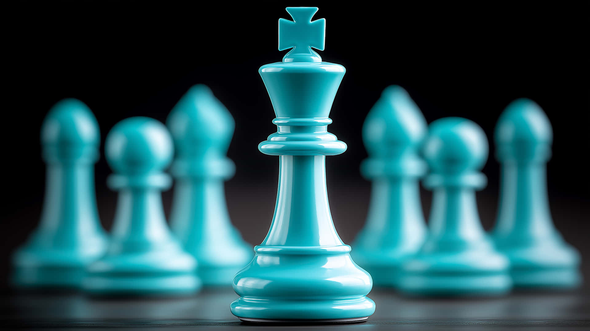 Dominant Chess King Piece Leading Its Formation 壁紙 — 一個清晰的焦點落在一個綠松石色的國王棋子，它高高矗立在一排模糊的相同綠松石色兵卒之前，背景為黑色。
