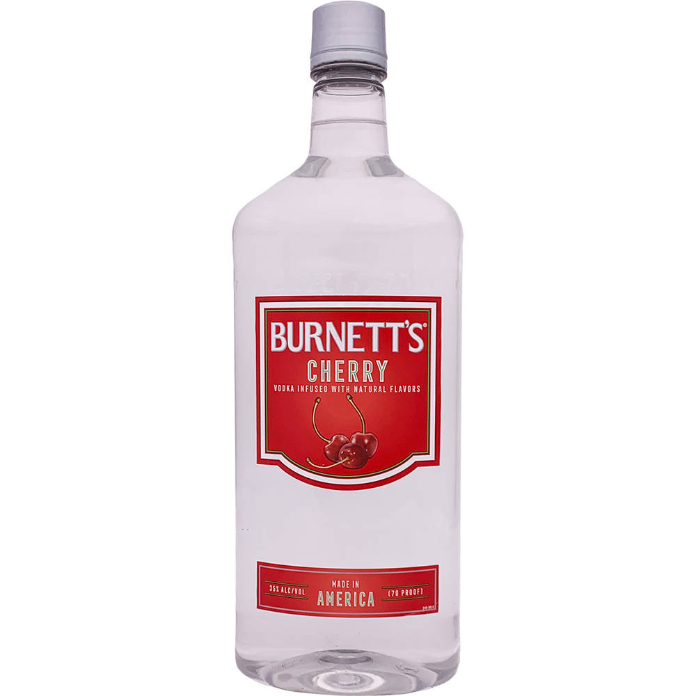 drinks 桌布 壁紙 — 一個清晰的玻璃瓶裝Burnett's櫻桃伏特加，帶有醒目的紅色標籤，上面有櫻桃和文字，背景為白色。