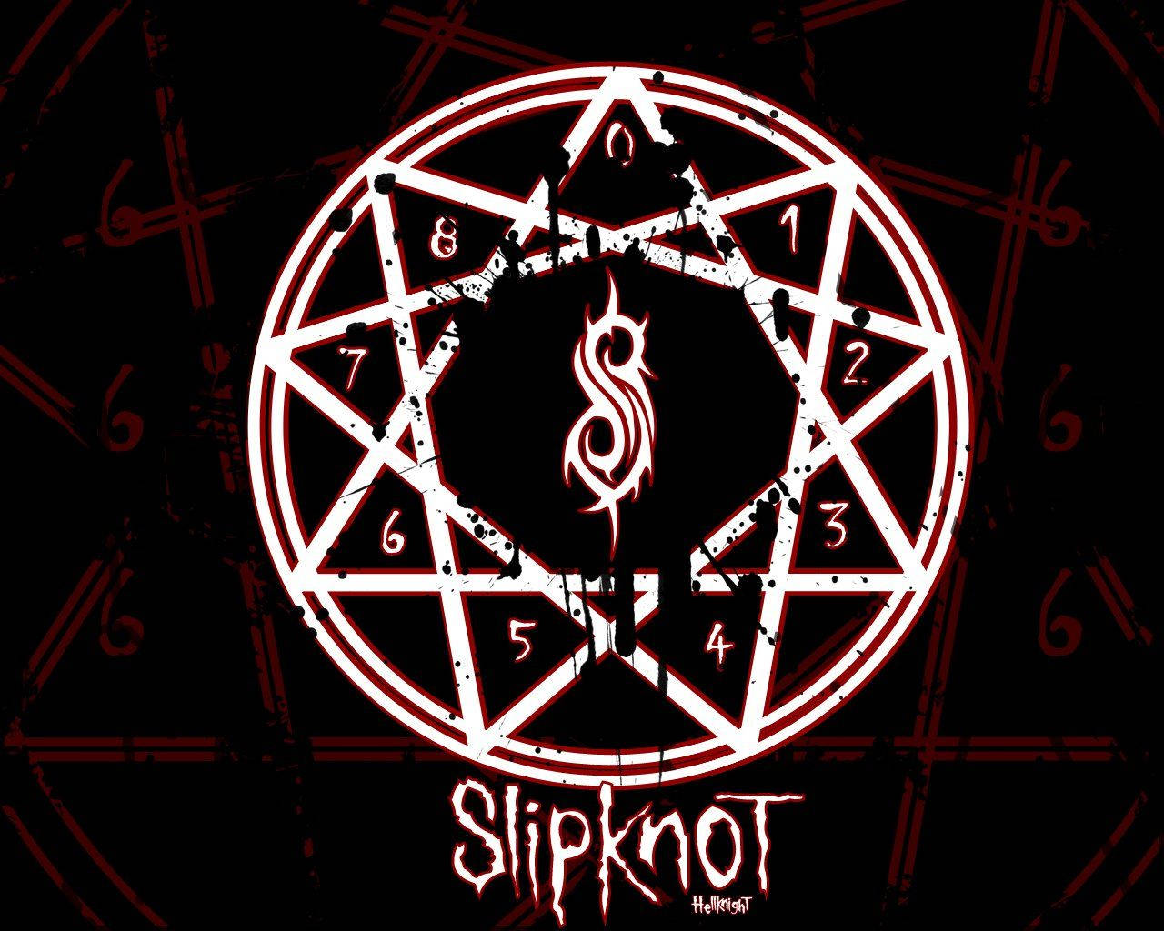Slipknot 桌布 壁紙 — 一個清晰的白色五角星，帶有數字和風格化的S符號，在黑色背景上帶有紅色神秘符號。
