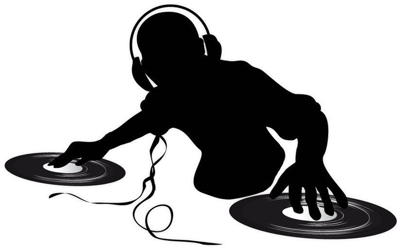 DJ 桌布 壁紙 — 一個清晰的白色剪影，描繪一位戴著耳機的DJ在黑色背景前操作兩個唱盤。