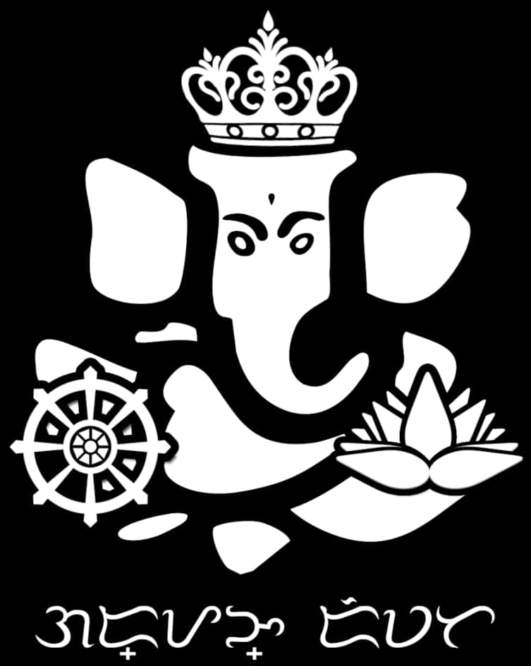 Ganesh 桌布 壁紙 — 一個清晰的白色剪影，描繪象頭神 Lord Ganesha 帶有皇冠輪和蓮花，背景為黑色。