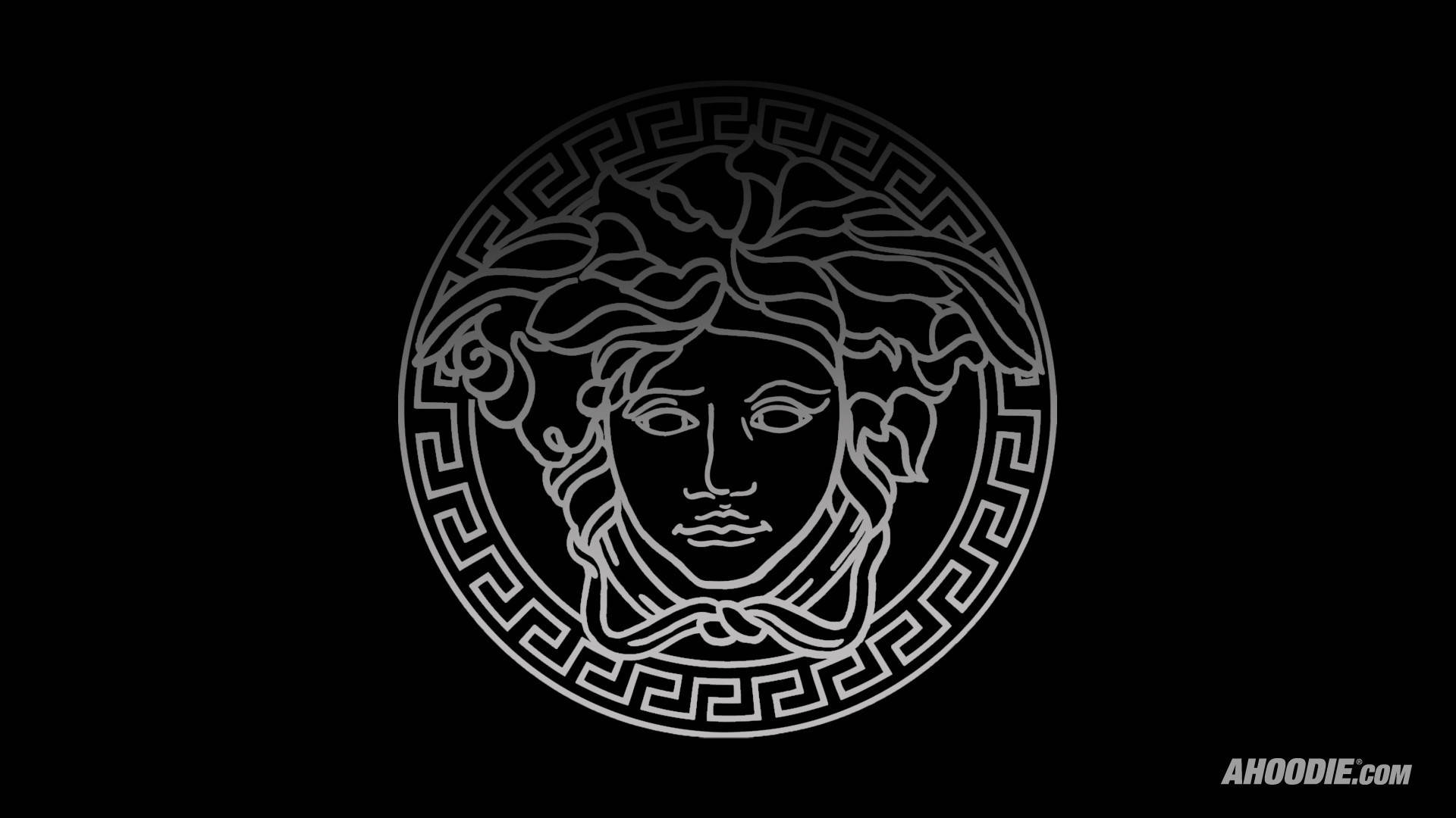 Versace Logo 桌布 壁紙 — 一個清晰的白色線條繪圖，梅杜莎頭部標誌居中於純黑色背景上。