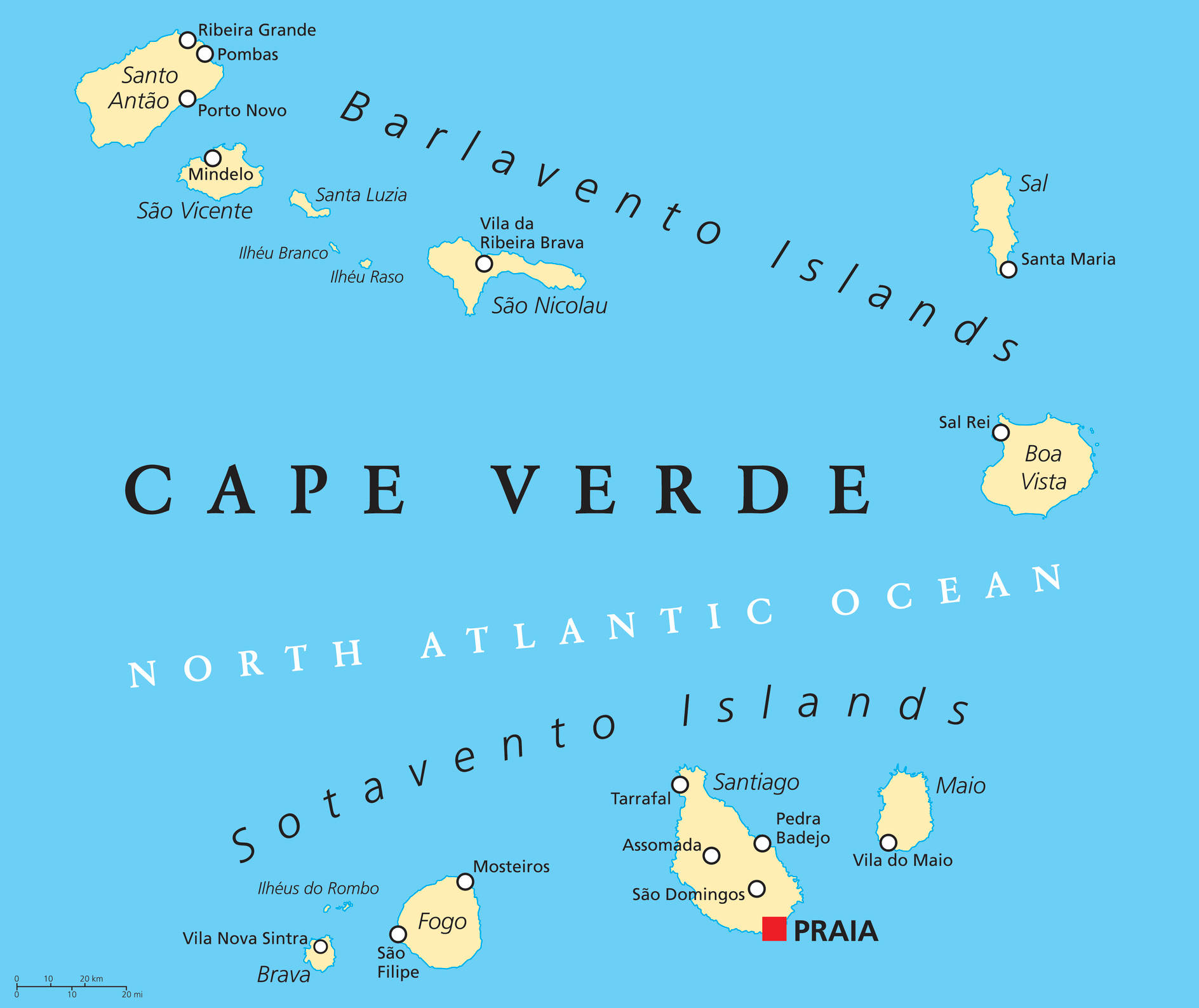 Map 桌布 壁紙 — 一個清晰的維德角群島地圖，顯示巴爾拉文托和索塔文托群島，標有城鎮名稱，並以紅色突出顯示普拉亞。