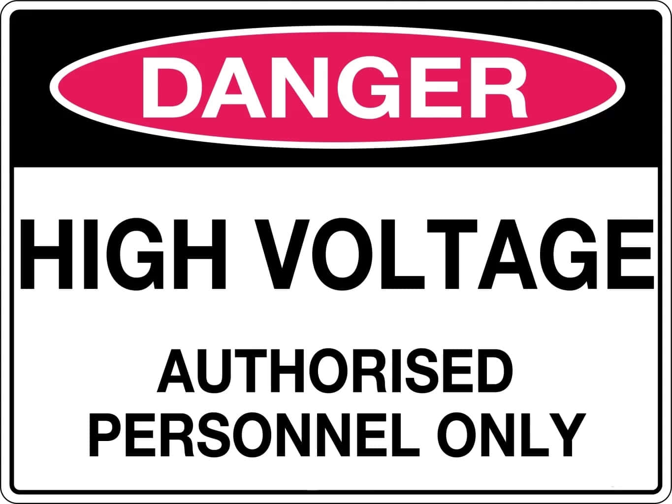 Warning Sign 桌布 壁紙 — 一個清晰的警告標誌，帶有紅色橢圓形危險文字和粗體黑色字體，宣告高電壓及僅限授權人員。