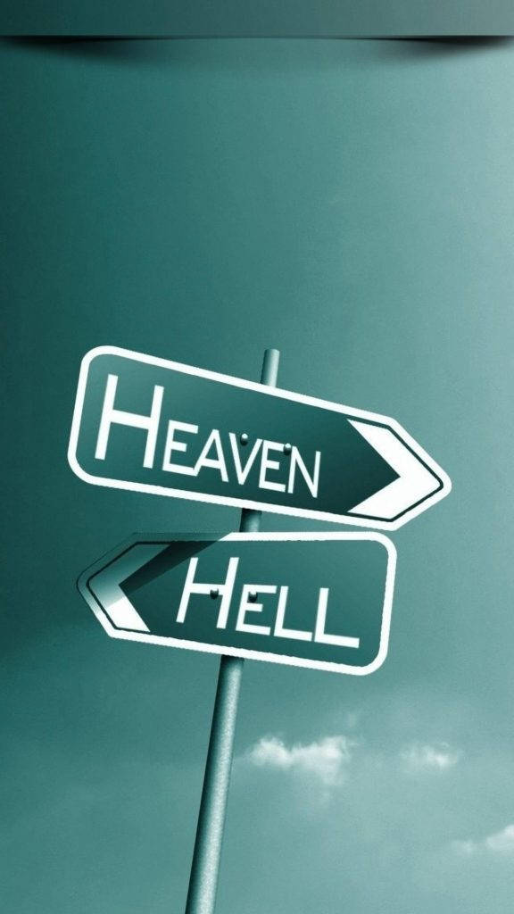 一個帶有箭頭的路標，在藍綠色天空下指向天堂和地獄。 — 天堂 壁紙
