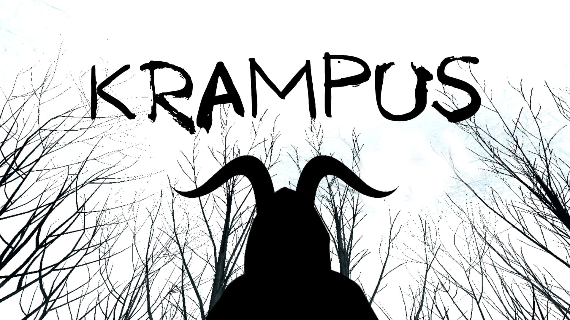 Krampus 桌布 壁紙 — 一個清晰的黑影，描繪了帶有彎曲角的Krampus，在白雪皚皚的背景前升起，周圍是光禿的冬季樹木。