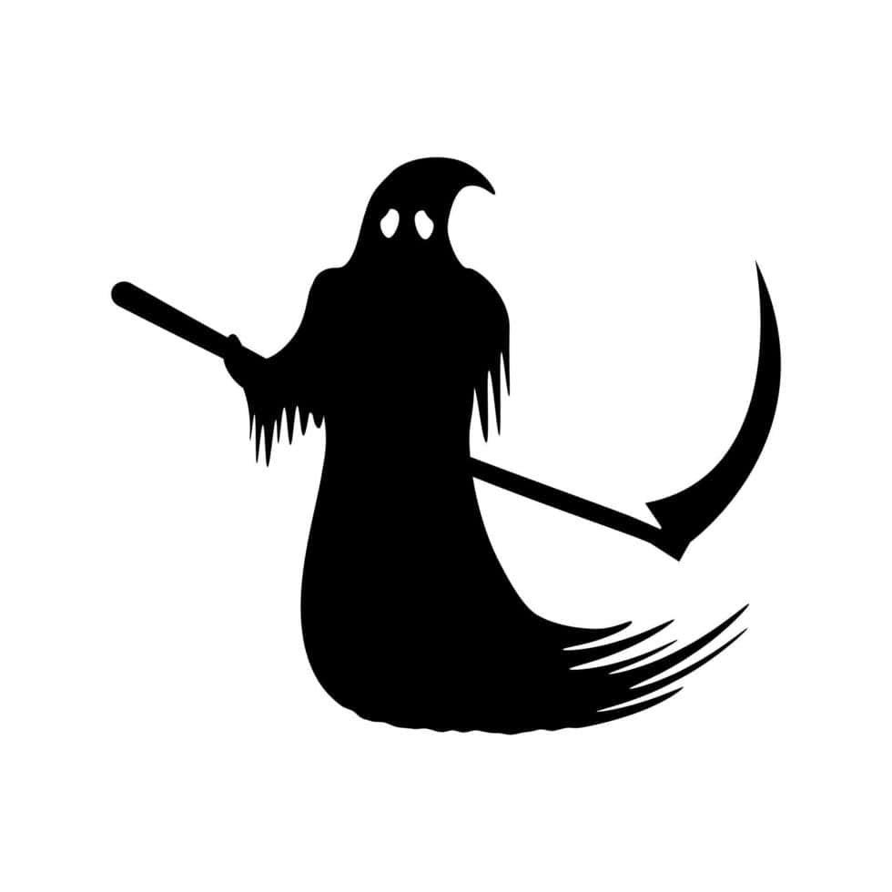 死神動圖 桌布 壁紙 — 一個清晰的黑影，描繪死神手持彎曲鐮刀，身穿連帽長袍，背景為白色。