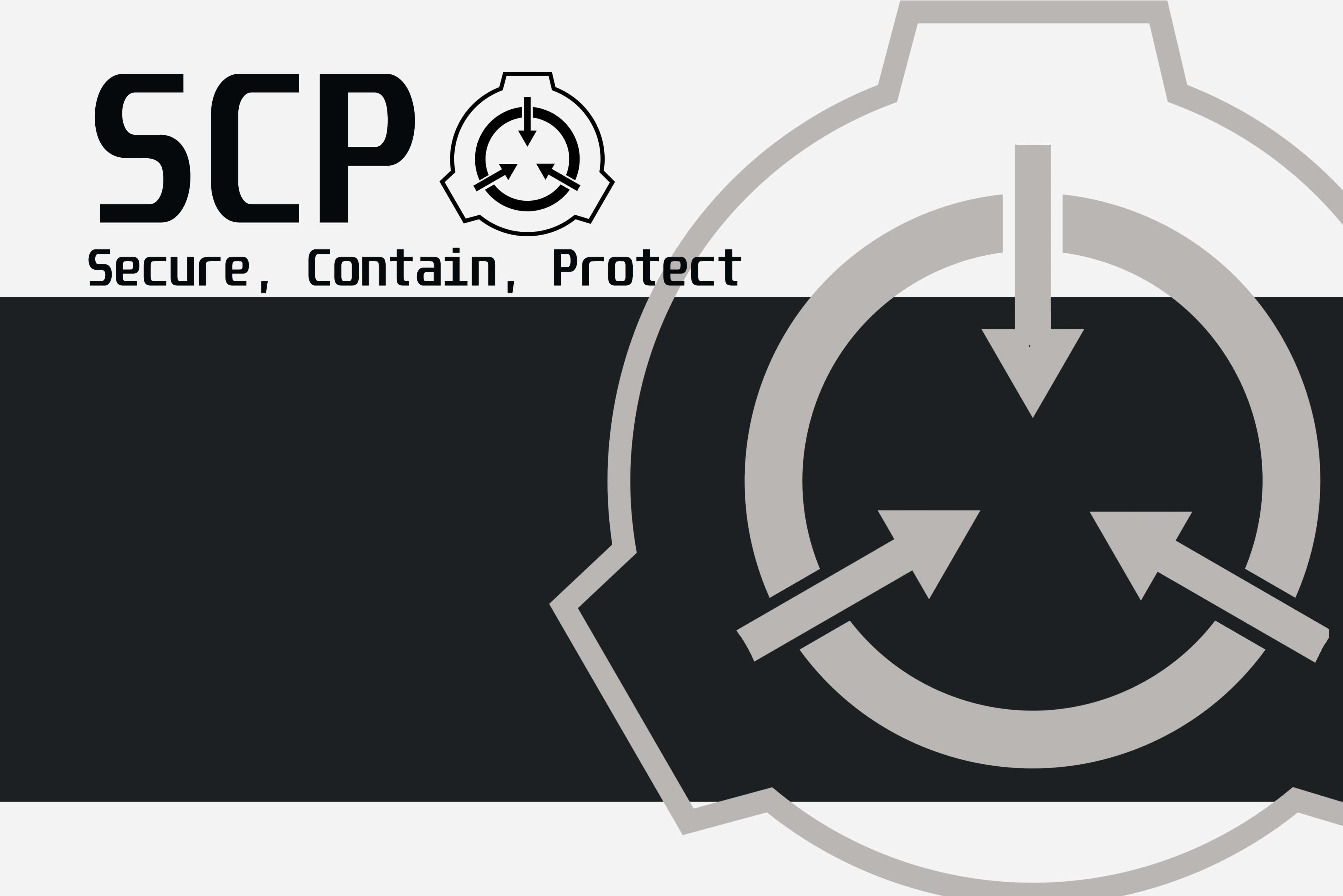 SCP 桌布 壁紙 — 一個清晰的黑白SCP Foundation標誌，帶有粗體文字和圓形箭頭，背景一分為二。
