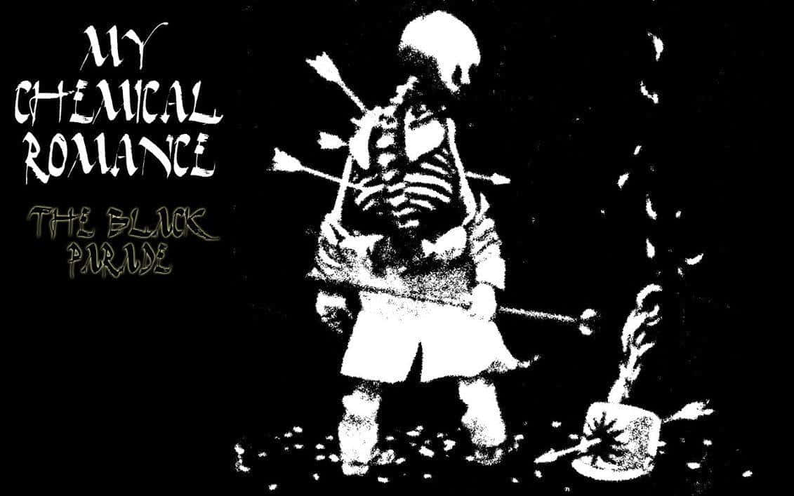 my chemical romance 桌布 壁紙 — 一個清晰的黑白插圖，描繪一個被箭刺穿的骷髏人物站在冒煙的大鍋旁，並帶有樂隊名稱文字。