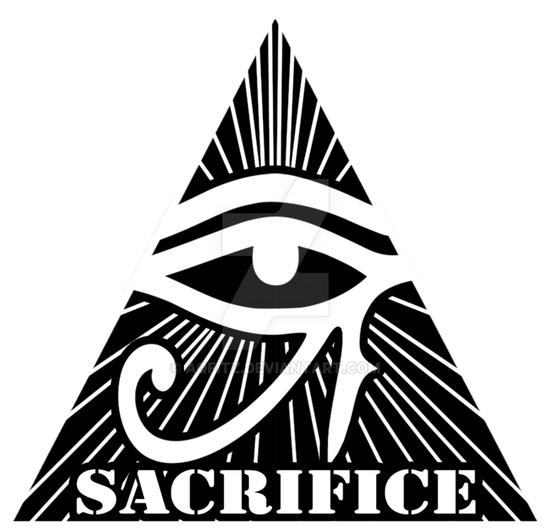 illuminati 桌布 壁紙 — 一個清晰的黑白金字塔，上面有全視之眼，下方大膽刻有 sacrifice 一詞。