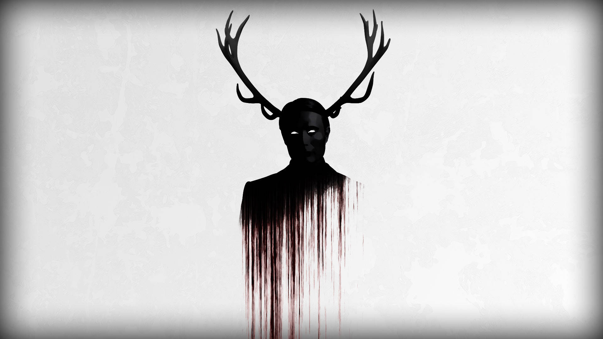Hannibal 桌布 壁紙 — 一個清晰的黑色剪影，呈現出一個帶有鹿角和滴落紅色液體的人形，背景為有紋理的白色。