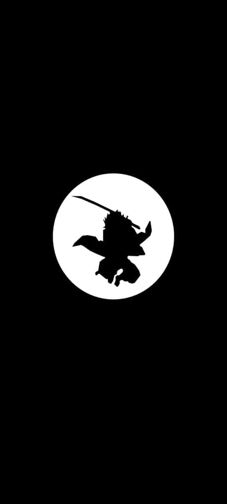 桌布 壁紙 — 一個清晰的黑色剪影，描繪一名武士武士拔劍躍起，位於白色圓圈中央，背景為黑色。
