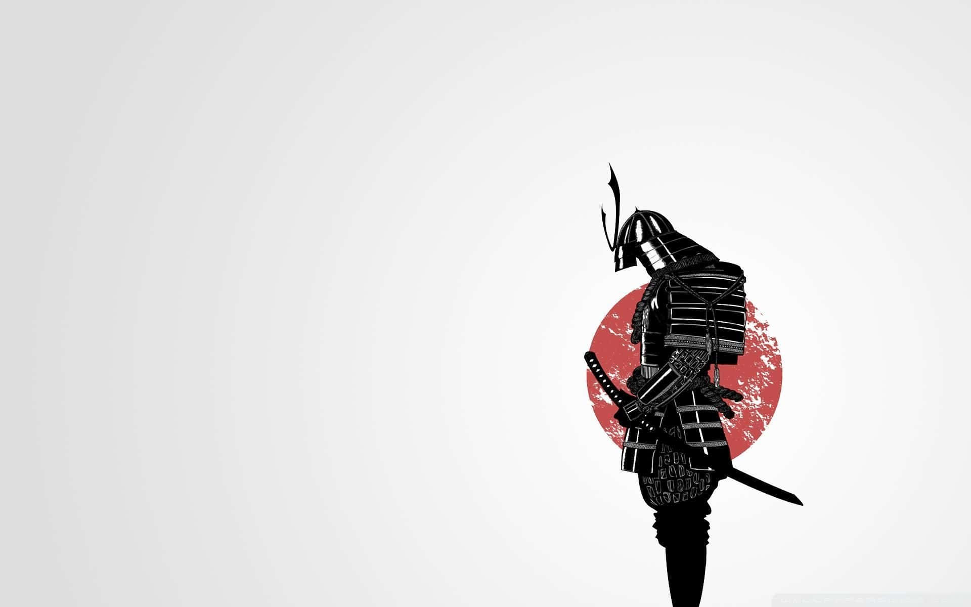 武士動畫 桌布 壁紙 — 一個清晰的黑色武士剪影，在淺灰色背景上，以一個有紋理的紅色圓形為背景，擺出準備姿勢。