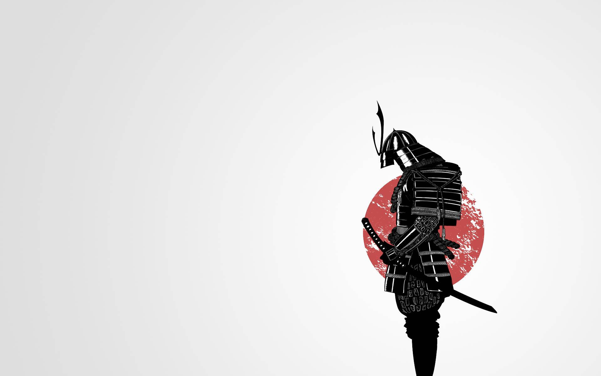 武士動畫 桌布 壁紙 — 一個清晰的黑色武士剪影，站在一個有紋理的紅色圓形背景前，背景是淺灰色。