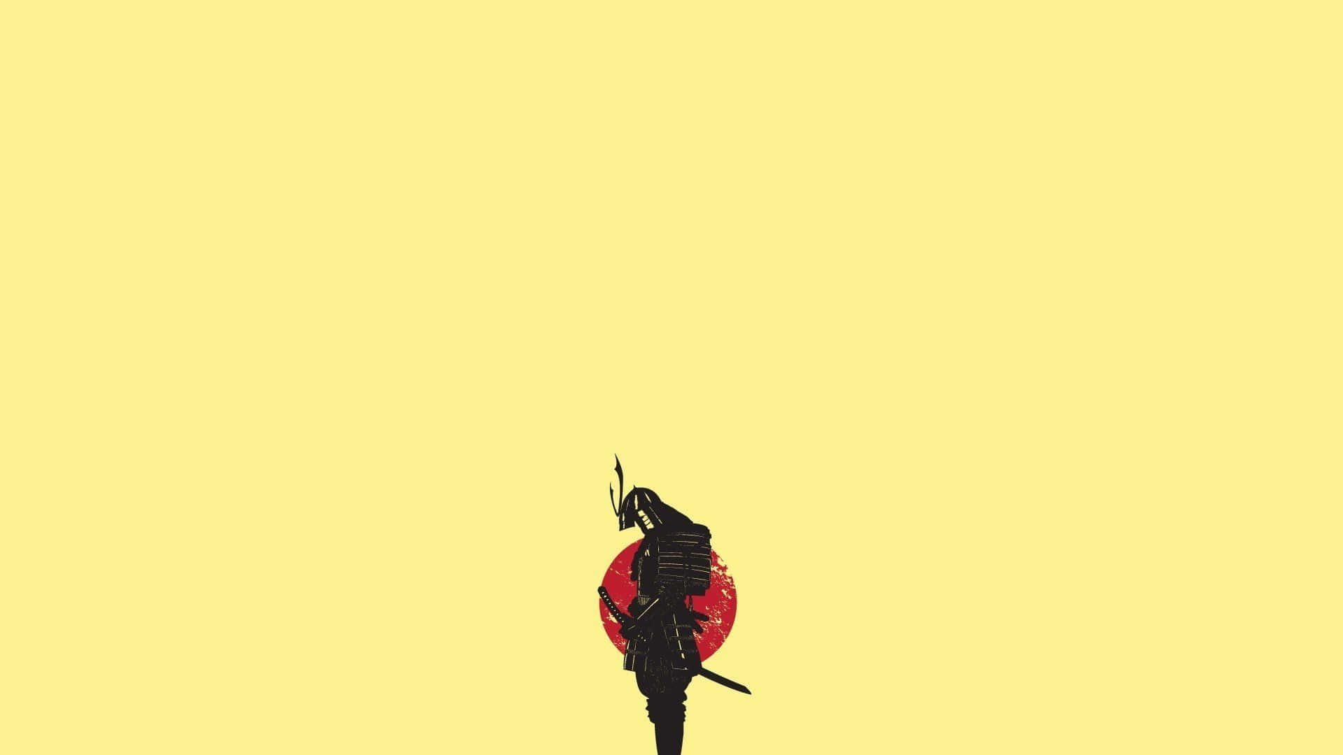 藝術 桌布 壁紙 — 一個清晰的黑色武士剪影，站在淡黃色背景上，襯托著鮮紅的太陽。