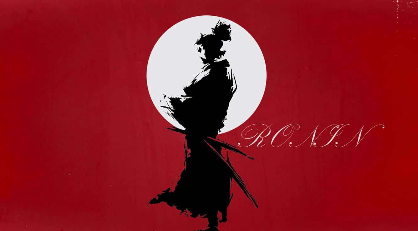 Ronin 桌布 壁紙 — 一個清晰的黑色武士剪影，站在深紅色背景上發光的白色圓圈前，並以優雅的白色草書寫上「RONIN」字樣。
