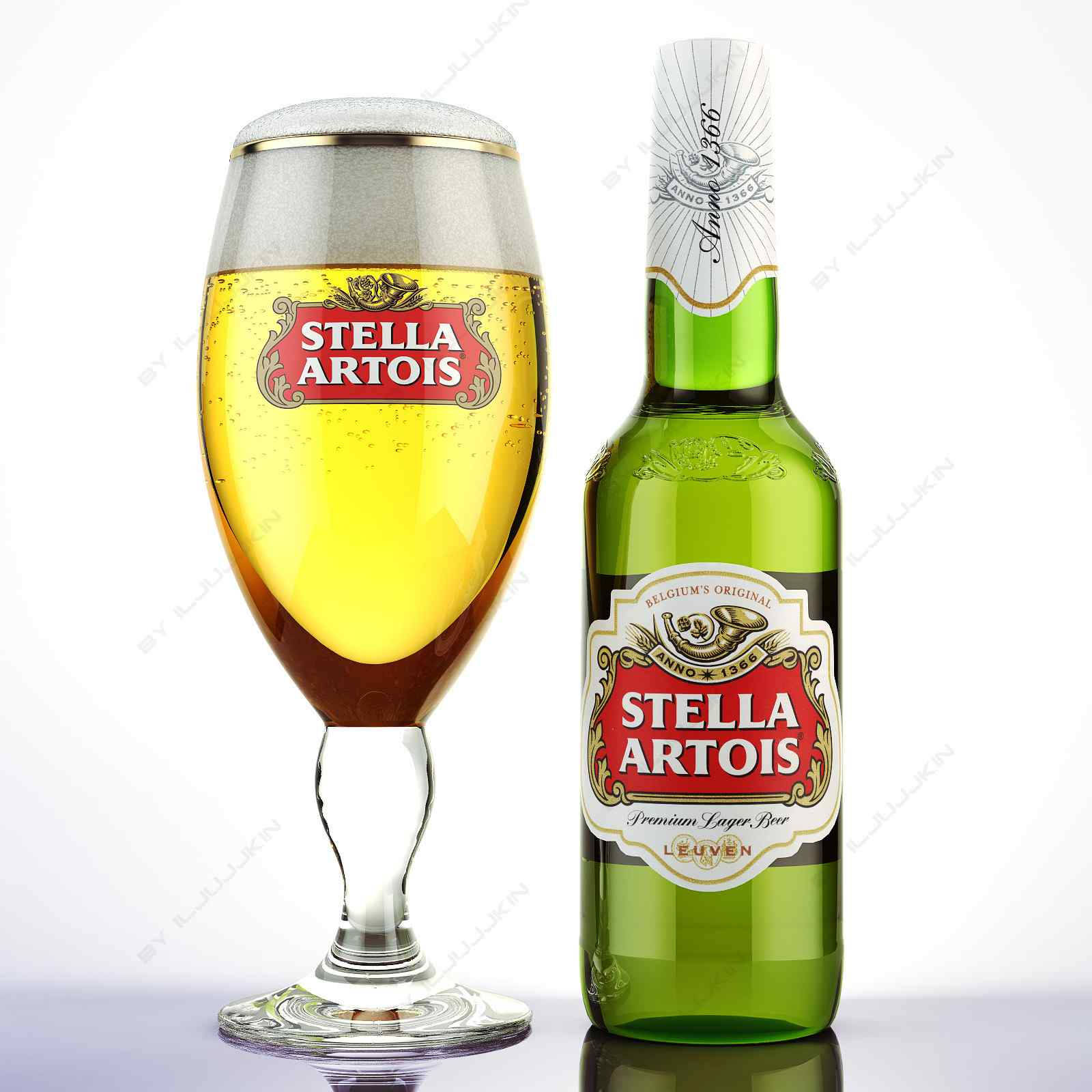 飲料 桌布 壁紙 — 一個清脆的Stella Artois啤酒瓶和裝滿金色氣泡拉格啤酒的玻璃杯，背景是乾淨的白色。