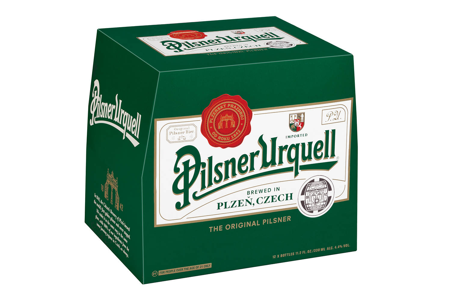 booze 桌布 壁紙 — 一個清脆的綠色Pilsner Urquell啤酒六罐裝盒，帶有白色和金色品牌標識及紅色封條，置於潔白背景上。