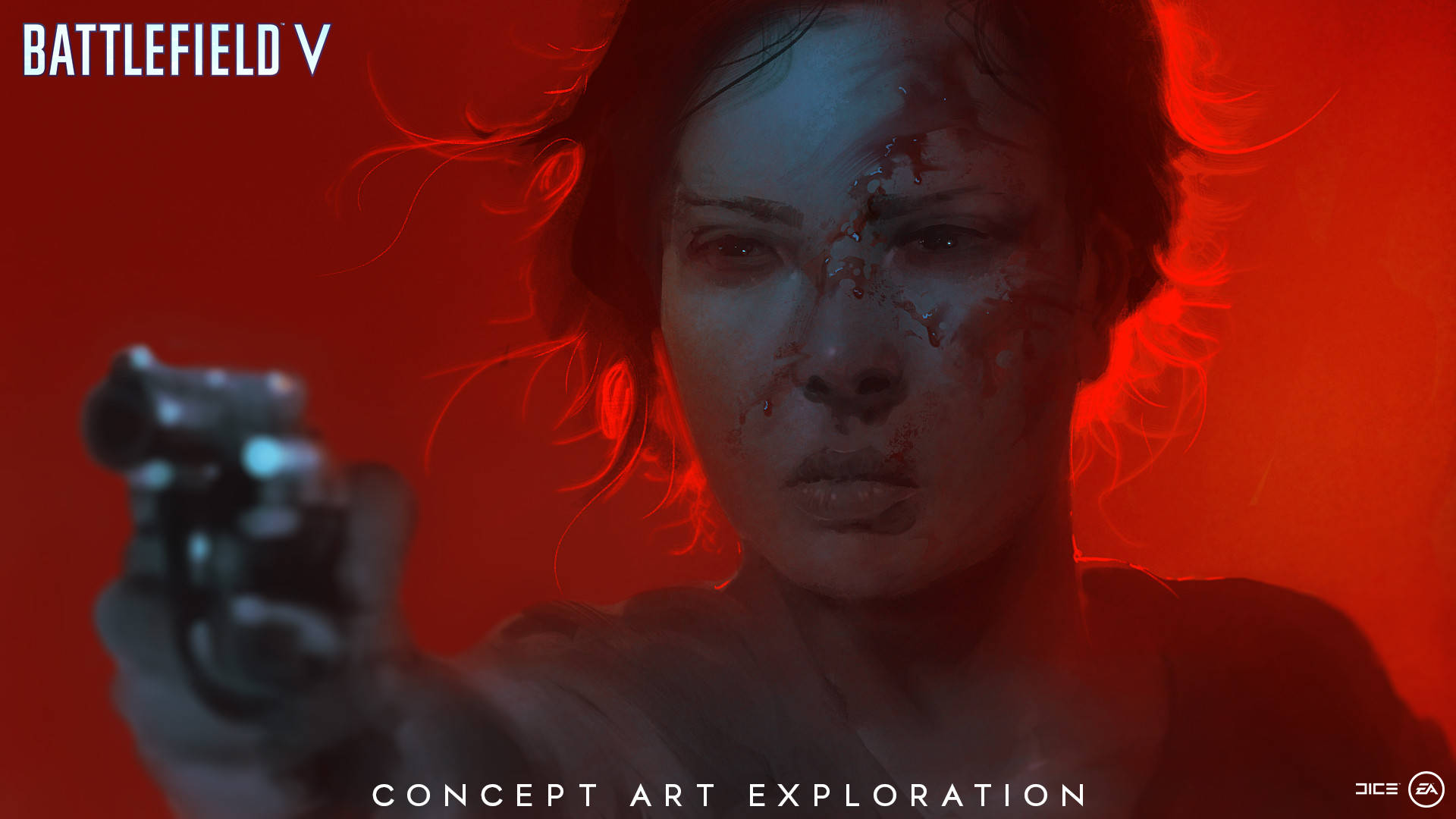 Battlefield 5 桌布 壁紙 — 一個渾身是血、眼神銳利的女人在熾熱的紅色背景下向前瞄準手槍，呈現出 gritty 的戰爭概念藝術。
