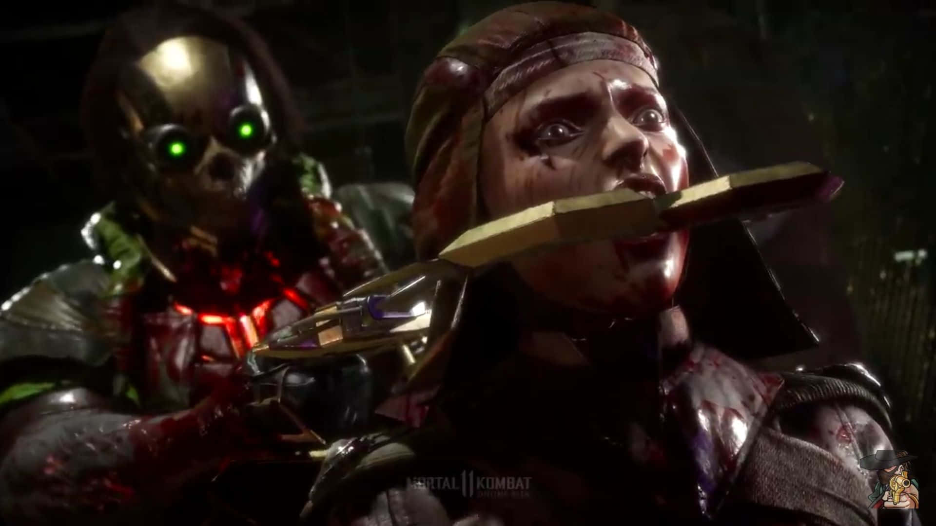 Mortal Kombat Kabal 桌布 壁紙 — 一個渾身是血的戰士，嘴裡叼著刀刃，驚恐地凝視著身後一個發光眼睛的骷髏臉敵人在逼近。